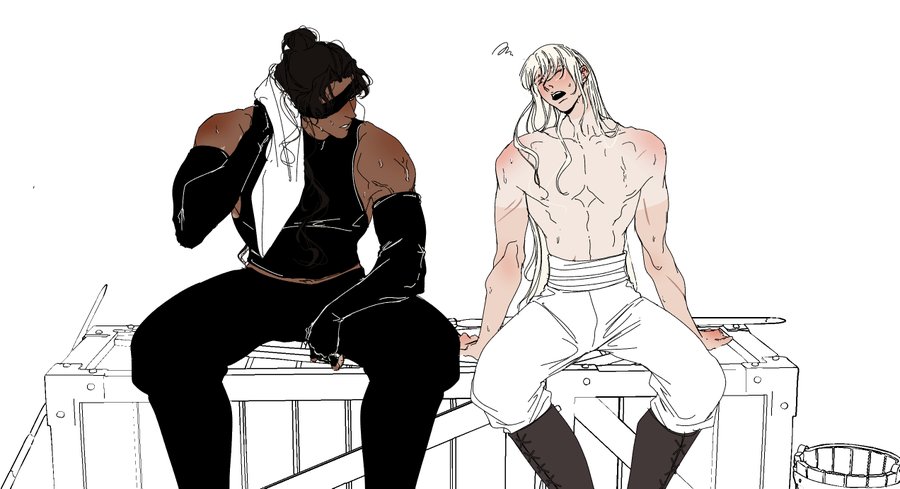 the image is a black and white illustration of two men sitting on a bench. the man on the left is wearing a black outfit and an eyepatch. he has dark hair and is wiping sweat from his brow.  the man on the right has white hair and is wearing white pants. he looks up towards the left with a surprised expression. both men are likely exhausted as they look very tired. they look like they are  very strong as they have very muscular bodies.