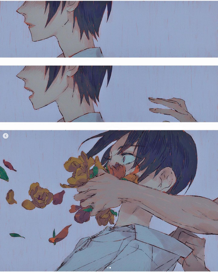 this image is a digital illustration of an anime boy. the boy has short, black hair and is wearing a white shirt. he is crying and holding a bouquet of flowers to his mouth. the background is a soft, pastel blue and purple. the overall mood of the image is sad and delicate.