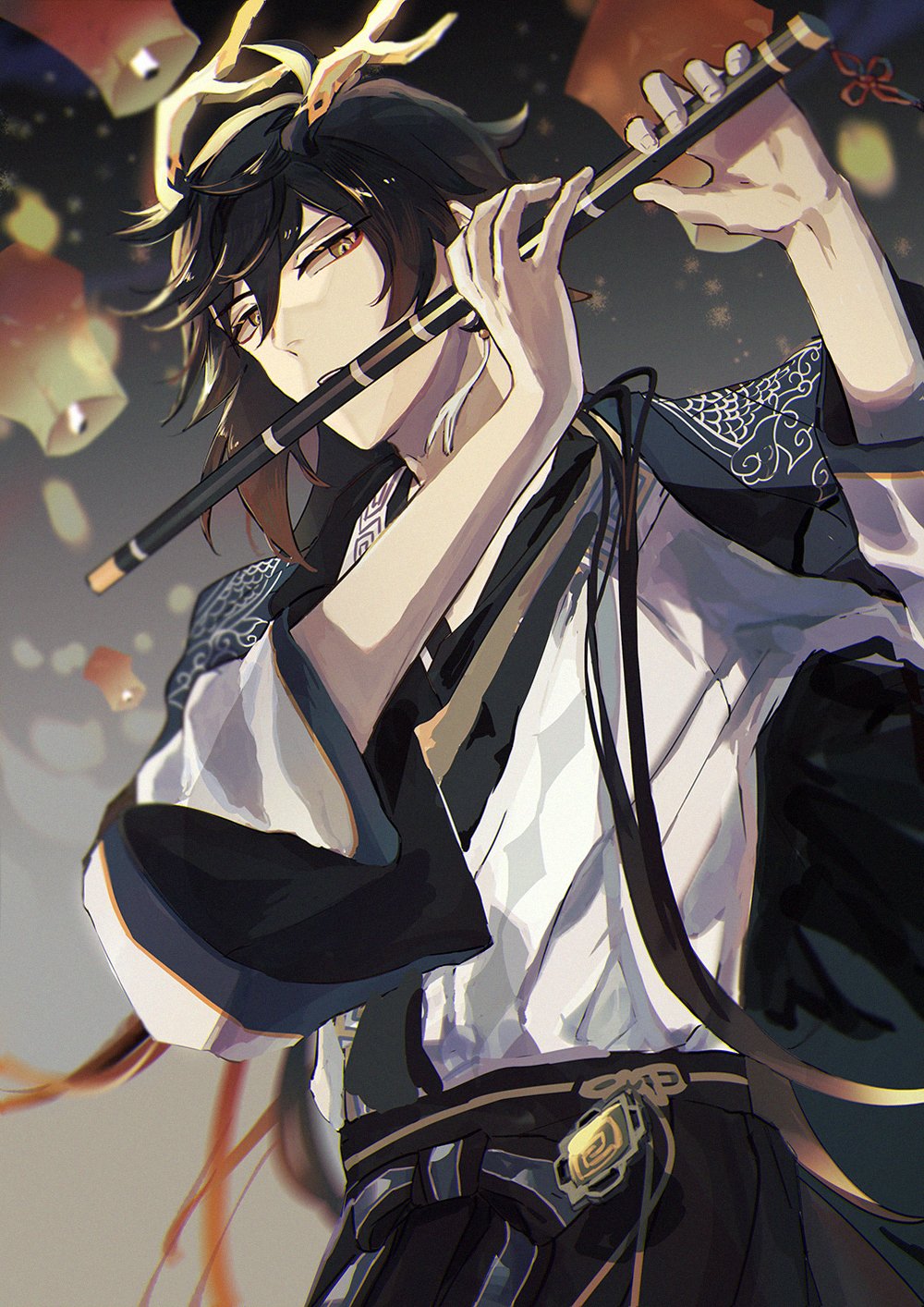 the image is a digital fan art of an anime male character in a traditional chinese kimono playing a bamboo flute. the character has long black hair, dark eyes, and is wearing a black and white kimono with gold accents. the background is a blur of golden and red lanterns floating in the sky.