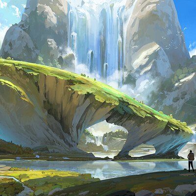 the image shows a digital painting of a fantastical landscape. a massive mountain with cascading waterfalls dominates the background. a large rock formation covered in green grass extends across the scene, forming a natural bridge with a waterfall flowing underneath. a lake fills the foreground, reflecting the mountain and sky. in the lower right corner stands a person, providing a sense of scale. the artwork has a painterly style with vibrant colors and dynamic lighting, giving it an imaginative and artistic feel. birds are visible in the sky above the mountain.