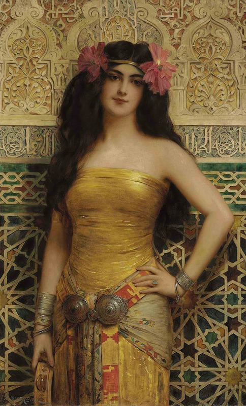 a painting of a woman in an orientalist style, wearing a strapless gold dress, flowers in her hair, and jewelry. she stands in front of a wall with intricate moorish patterns and architecture. she has dark hair and fair skin. she is wearing a belt with large ornamental discs. she holds a tambourine in her left hand. the painting is by john reinhard weguelin and is titled "moorish girl."