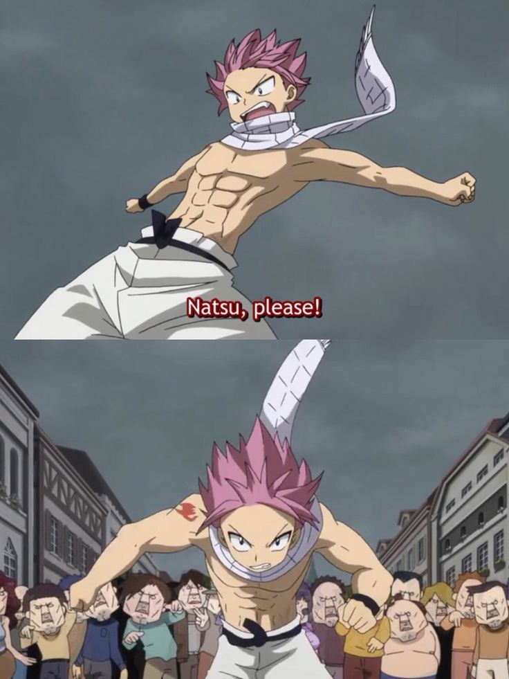 the image features a shirtless anime character, natsu dragneel from fairy tail, with red hair and a white scarf. he has a determined expression on his face and appears to be in a fighting stance, surrounded by a crowd of people in a city background. the image captures a moment of intense action and power as natsu faces his opponents, demonstrating his strength and resolve. the image is visually dynamic, with a focus on natsu's muscular physique and powerful stance. the background setting adds context to the scene, creating a sense of urgency and conflict.