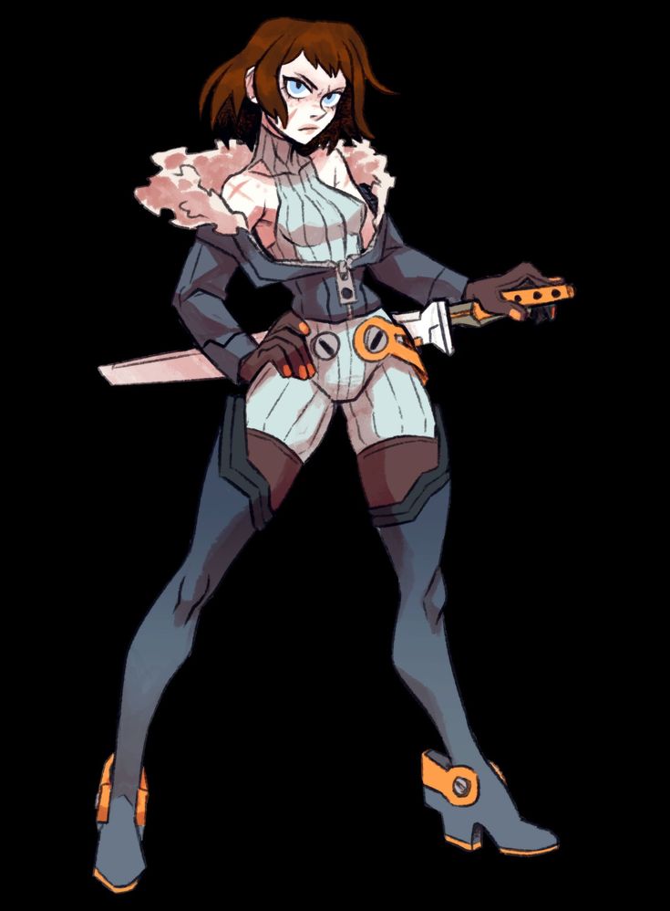 this is a digital illustration of a female character. she's wearing a futuristic outfit, boots, gloves, and holding a sword in her hand. the character is standing with a strong stance and appears to be ready for action.