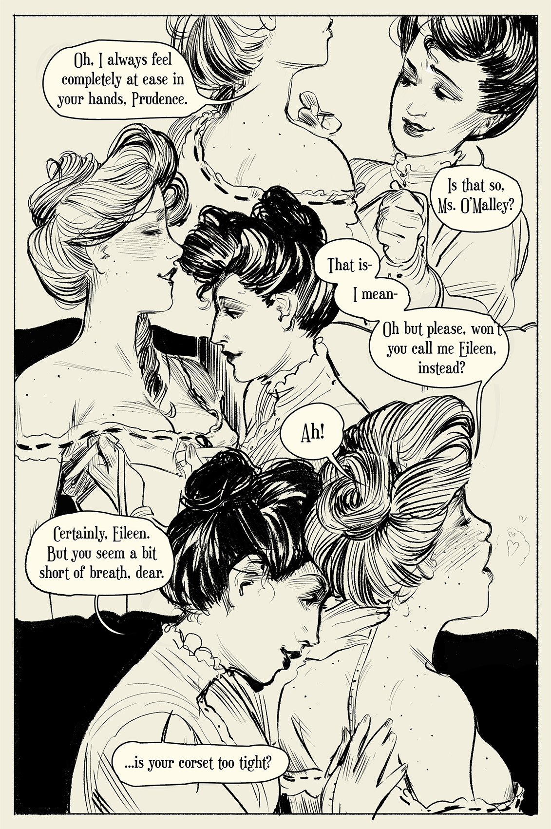 a black and white comic book panel depicting four women from the victorian era. they are