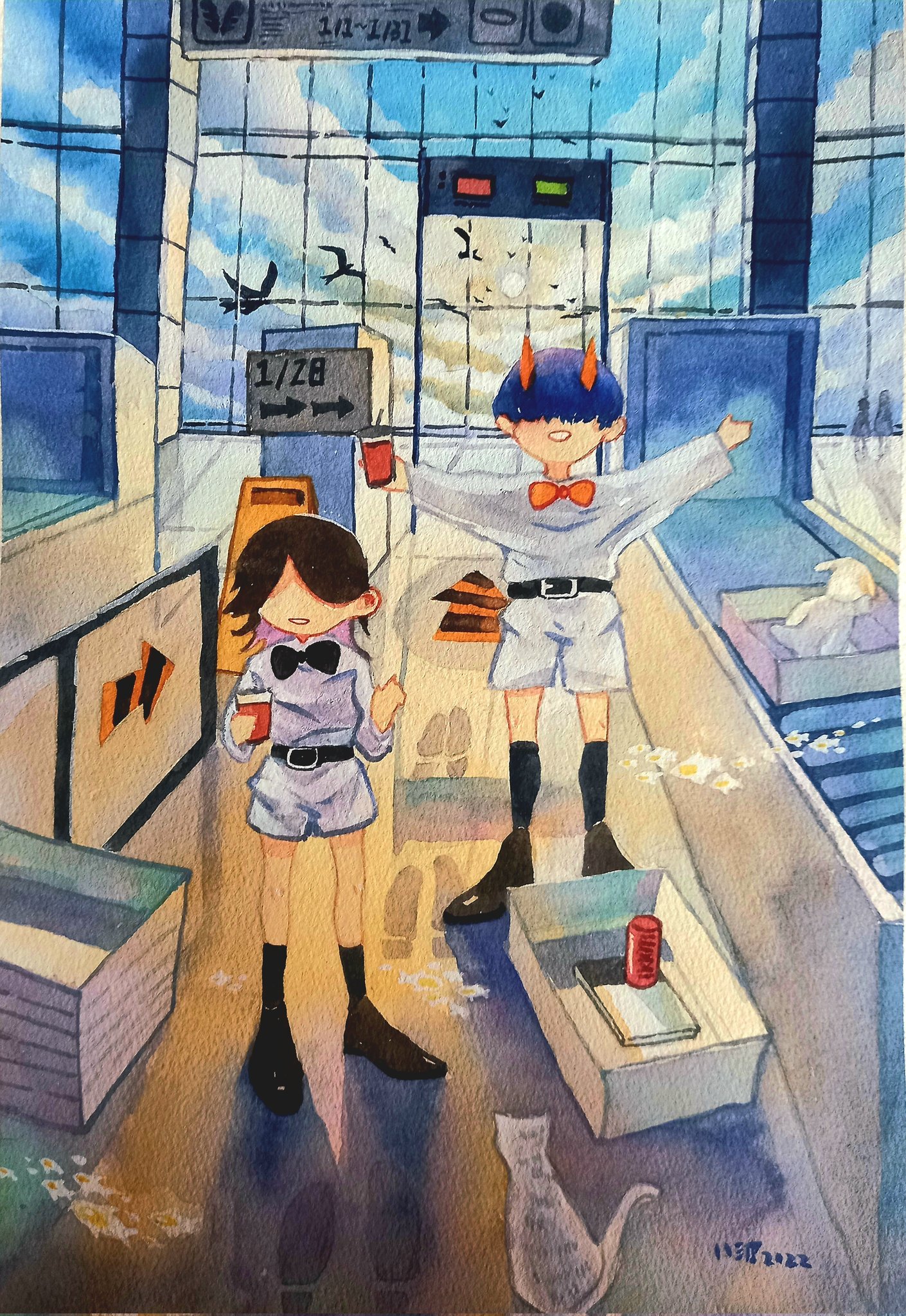 the image is a cartoon drawing of two characters standing in an airport. the characters are both wearing white shirts, black shorts, and black shoes. one character has blue hair and the other has brown hair. the girl with blue hair is holding a red drink and the girl with brown hair is holding a black drink. there is a yellow cat in the bottom corner of the image. there are suitcases and signs around the airport.  the image is drawn in a cartoon style with watercolor. the image has a bright and colorful style. the characters look happy and excited to be traveling.