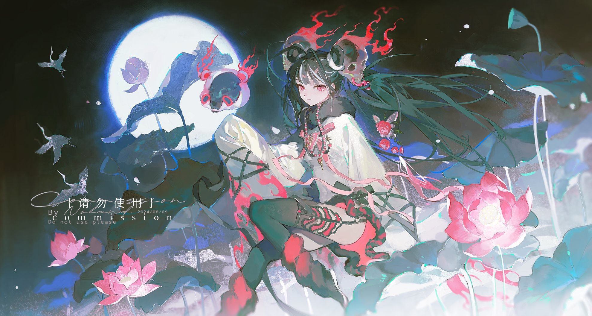 the image showcases a captivating illustration of an anime girl with long, flowing black hair and striking red eyes. she is adorned in an elaborate outfit that blends traditional and fantastical elements. the girl's attire features a white robe with intricate designs, black stockings, and red accents. she is seated gracefully amidst a serene setting of water lilies and a radiant full moon in the backdrop. the artwork is rendered in a vibrant and ethereal style, with soft brushstrokes and a harmonious color palette that enhance its dreamlike quality.