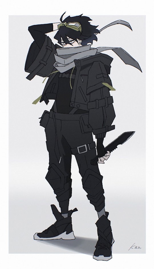 a digital illustration of an anime character dressed in black clothing with goggles, a scarf, and boots, holding a knife in his hand. he has a dark, serious expression and a black background.