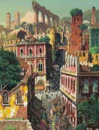 the image depicts a bustling cityscape filled with a mix of ancient and medieval architecture. the buildings are a blend of stone, brick, and wood, with weathered walls and intricately carved details. ruins of old structures rise above the city, hinting at a rich history. narrow streets wind through the city, bustling with people going about their daily lives. trees and greenery add a touch of nature to the scene. the composition is a rich tapestry of colors and textures, creating a visually captivating scene.