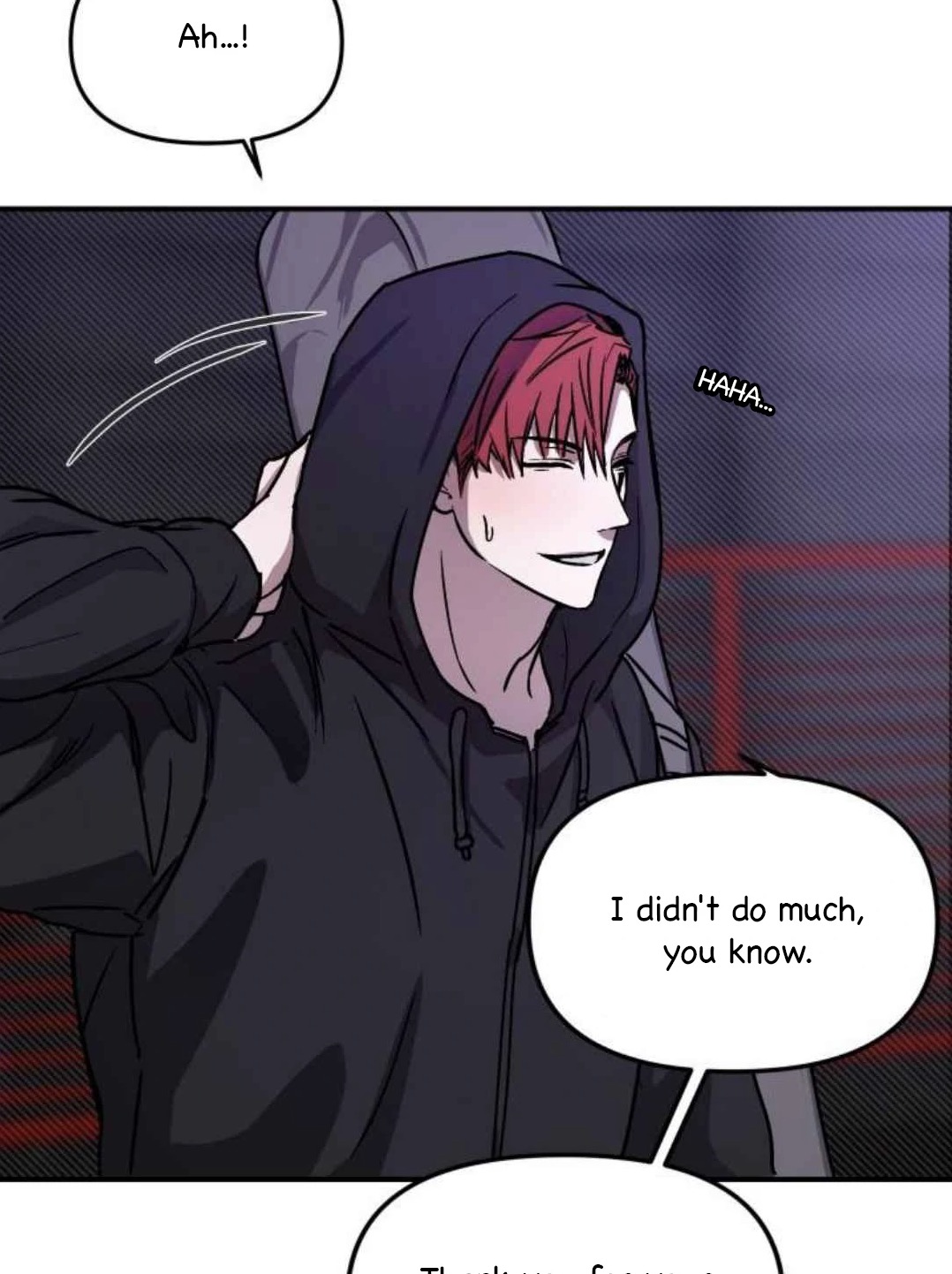 he image shows a closeup of a manga/manhwa character, a young man with red hair wearing a dark hoodie. he is laughing and looking slightly smug. the background is dark, and there are speech bubbles with text indicating dialogue. the art style is typical of manhwa/webtoons, with clean lines and expressive characters.