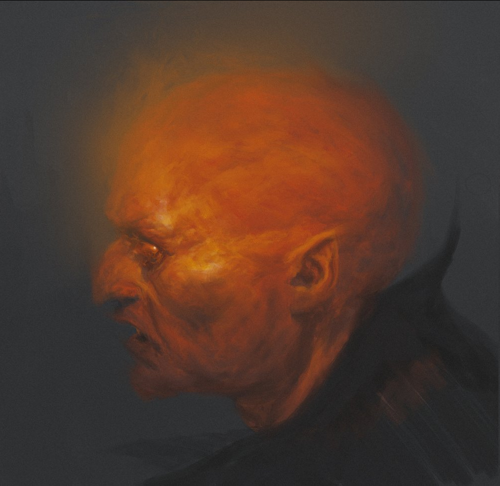 an orangeskinned vampire with glowing skin, sharp features and pointed ears is shown against a dark background in profile view from the chest up. he is wearing a dark shirt.  the lighting is dark and uses chiaroscuro.