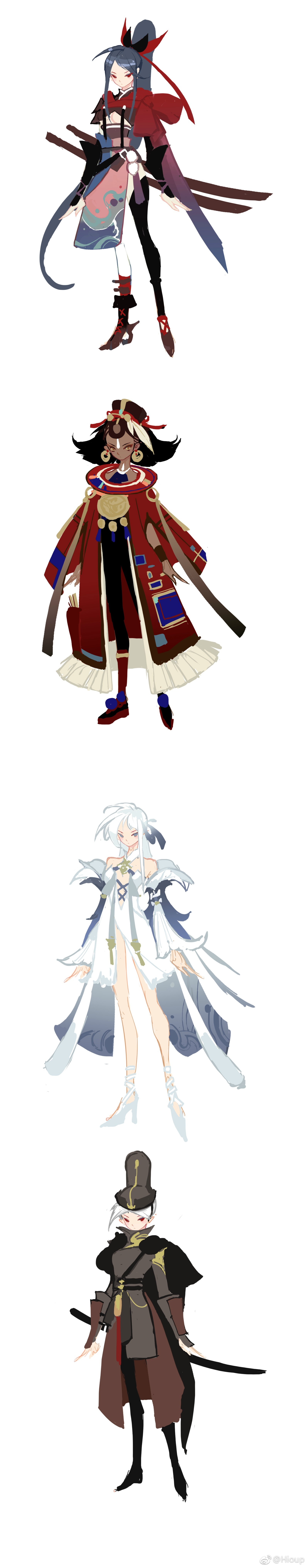 an image depicting four anime characters from a video game or manga. the first one is a woman with long blue hair, she is wearing red and white clothing and holding a sword. the second is a girl with short brown hair, she is wearing a red and blue kimono. the third one is a woman with long white hair wearing a white and blue long dress with a blue cape. the last one is a girl with short brown hair wearing a brown long coat with a hat. all of them are standing facing forward.