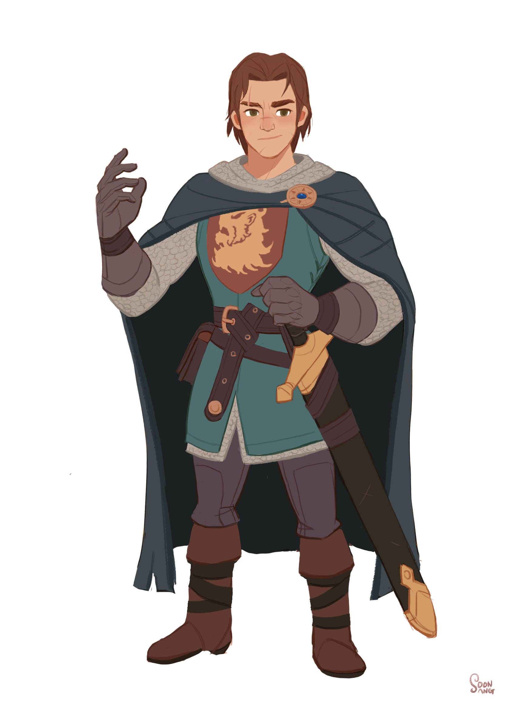 a digital illustration of a young knight, potentially a prince or nobleman. he's facing forward and slightly turned, his left hand posed in a gesture and his right hand resting on his sword. he wears teal armor with gold accents and a dark blue cape. a lion emblem is emblazoned on his chest.