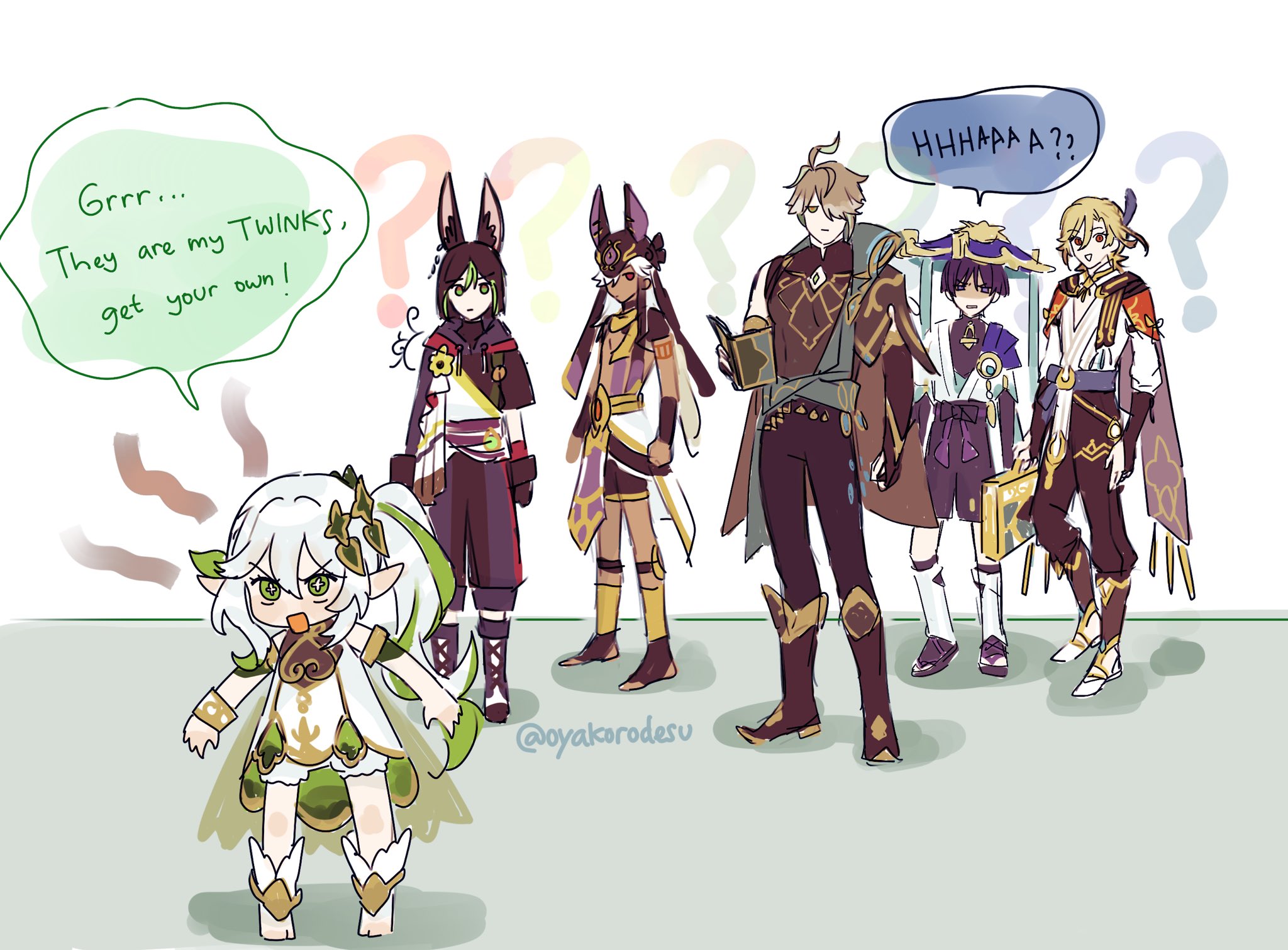 this is a drawing of 6 genshin impact characters. the characters are: albedo, itto, kazuha, xiao, yae miko, and a character that looks like albedo, but is smaller. there is a speech bubble that says "grrr...they are my twinks, get your own!" the smaller albedo character is saying "hhhapa a??".