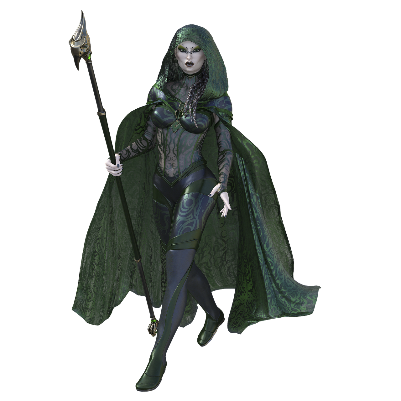 a fulllength digital image of a woman in a green costume against a black background. she is wearing a hooded cloak and holding a staff. she has dark hair and pale skin. the costume is intricate and detailed, with a combination of fitted armor and flowing fabric.