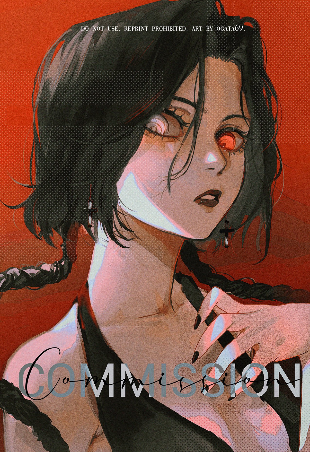 a digital illustration of a young woman with black hair, wearing a black tank top, with one red eye, and a cross earring. she has a serious expression. the background is a bright red, and the image is labelled as a commission.