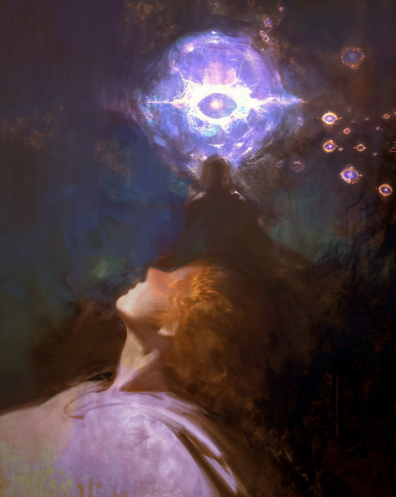 a digital painting of a woman with flowing hair gazing up at a giant glowing orb of purple and white with an eye in the middle of it, with smaller glowing eyes scattered around it. the background is dark and full of black and blue swirling colors, with a sense of magical fantasy.