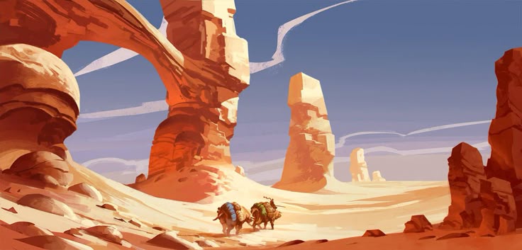 an illustration of a desert landscape with a sandstone arch and mesas. two camels with loads are walking through the desert. the sky is blue with wispy clouds.