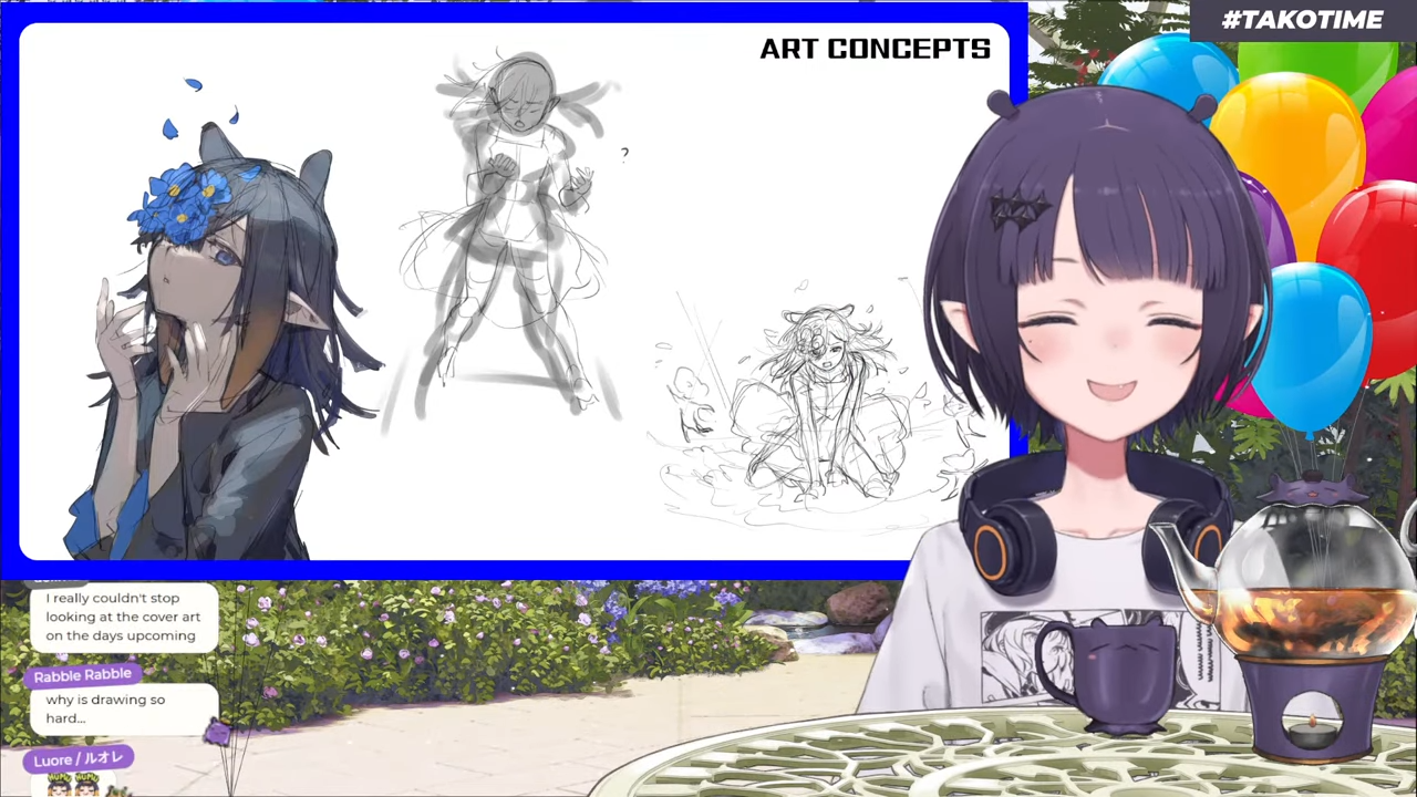 the image shows a screenshot of what appears to be a vtuber live stream. the vtuber is a smiling anime girl with purple hair and elflike ears. she's wearing a white shirt and has a headset on. in her hands, she's holding a glass teapot. on the right side of the image, there's text that says "#takotime" and a bunch of colorful balloons.  the background is a green, outdoor setting. on the left side of the screen, there's a blue frame showcasing some "art concepts," featuring sketches of an anime character in different poses. there's also a chat window where viewers are commenting.