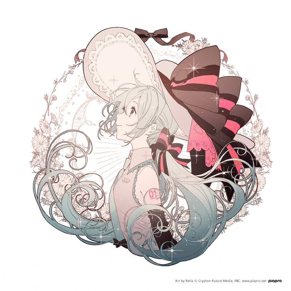 the image shows an animestyle illustration of hatsune miku in a side profile. she has long, light blue hair tied with a black bow. she wears a pink dress and a large hat adorned with a pink and black ribbon. the background is decorated with flowers, decorative swirls, and sparkles. the artwork is signed by rella.