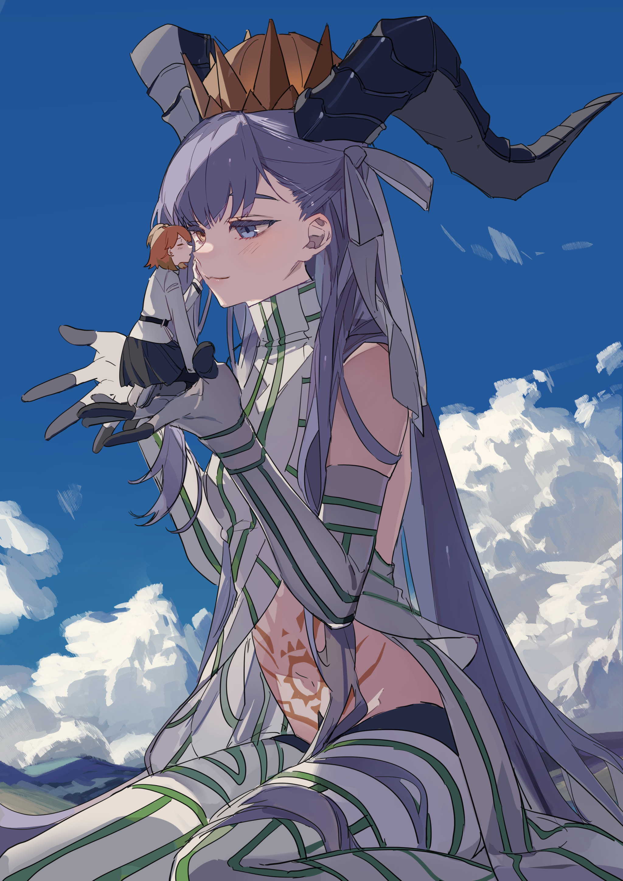 an anime girl with blue hair, horns, and a crown sits in front of a sky with clouds. she is wearing a white dress with green lines, and a tattoo on her stomach. she is holding a small girl in her hand.