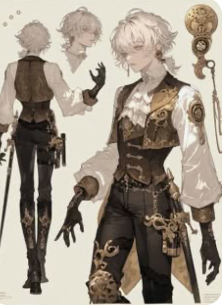 this is an illustration of an anime boy character. he has white hair, brown eyes and is wearing a white shirt, brown vest, black pants, gold accents, and boots. the character is drawn in a steampunk or victorian style. the background is light beige.