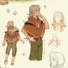a digital drawing of a character design sheet on a white background. there are four drawings of the same character with slight variations in clothing and pose. the main character is wearing a brown poncho, green pants and is making a thinking face. the color palette is muted with browns and greens.