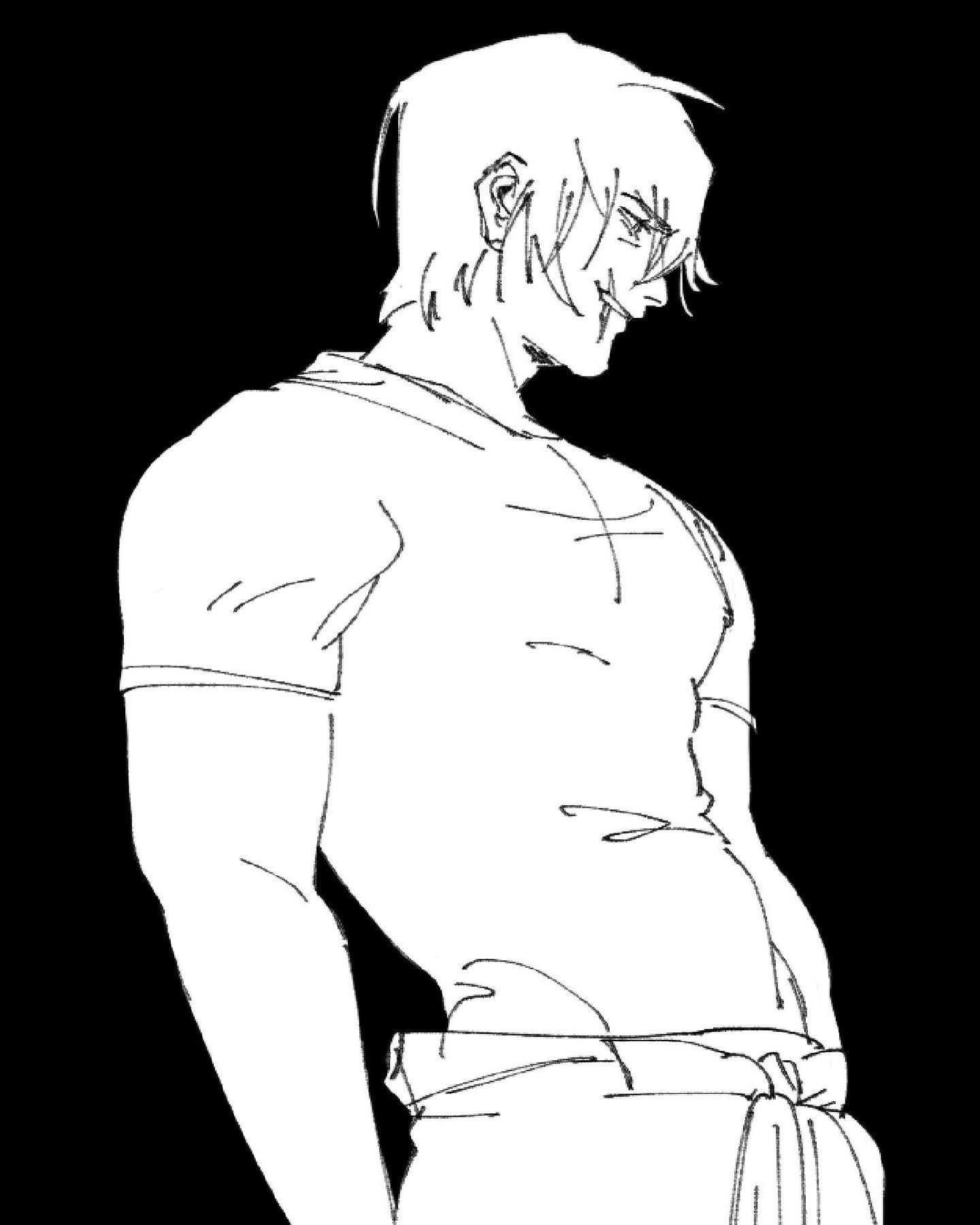 the image is a black and white line drawing of a man. he is depicted from the side, his body slightly turned away from the viewer. his expression is a confident smirk. he has short, slightly wavy hair, and is wearing a simple tshirt and pants. his physique is muscular and welldefined, and his posture is relaxed yet strong. the style of the drawing is expressive and fluid, with loose lines that convey movement and emotion. the overall tone is one of coolness and selfassurance.
