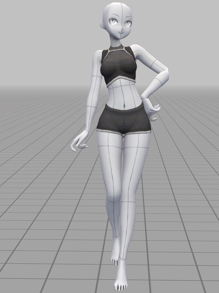 a 3d model of a woman in an anime style. she has long, black hair, big, blue eyes, and a pink blush. she is wearing a black crop top, black shorts, and white sneakers. she is standing on a grid background, and her body is outlined in white. she is looking slightly off to the right, with her right hand on her hip. her expression is confident. she is wearing a pair of black shorts and a white top. she is walking towards the viewer. the image is rendered in a realistic style, with a grey background.