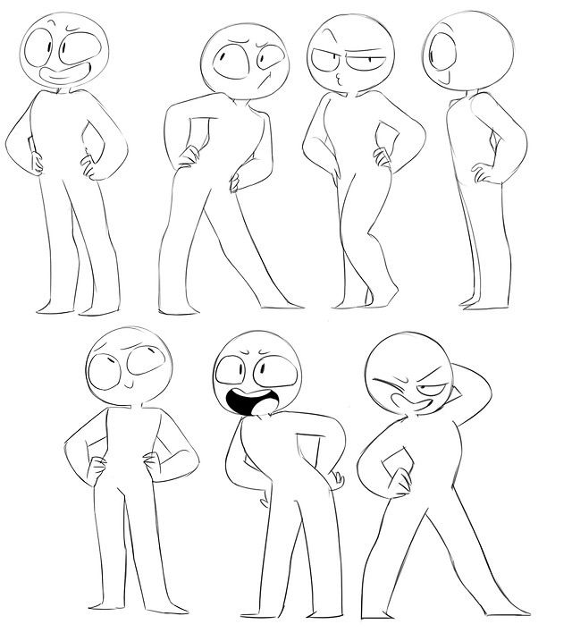 this is a digital drawing of seven blank character bases. the characters are in different poses. the bases are simple and easy to use for drawing. the bases are in line art style. they are perfect for practicing drawing and creating original characters.