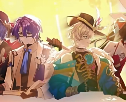 the image shows a group of anime characters standing together. the characters are all young, colorful, and stylish. they are smiling and looking happy. the image is set in a bright and vibrant world.
