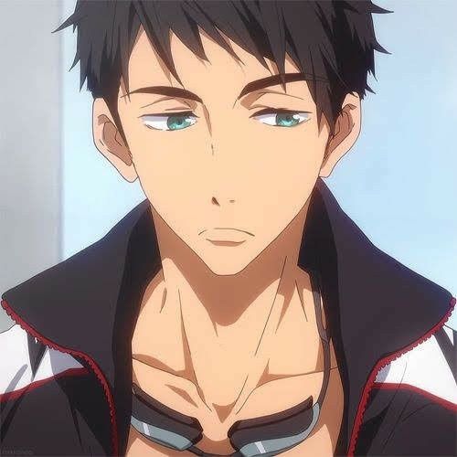 this is an anime style illustration of a young man with dark hair and green eyes. he has a serious expression.