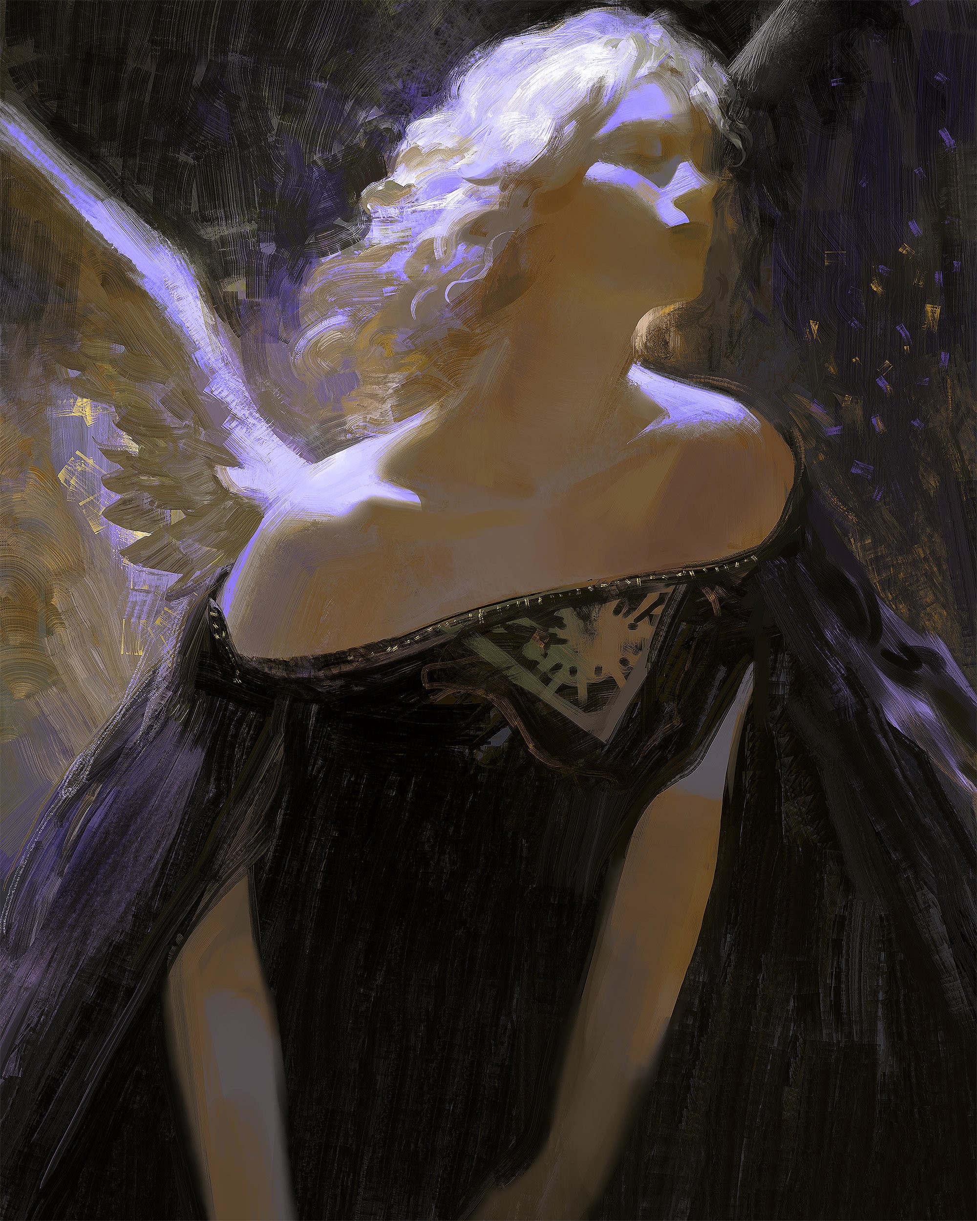 this is a digital painting of a woman with blonde hair and angel wings. she is wearing a black dress and looks up with a dreamy expression. the painting has a fantasy and ethereal feel. the woman is illuminated by a soft, golden light, while the background is dark and mysterious.