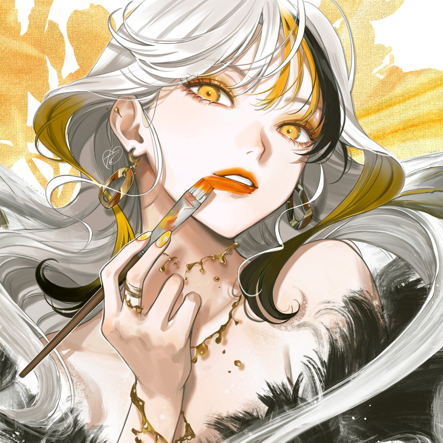 the image is a digital illustration of a young animestyle woman with long, flowing white and yellow hair.  she is applying orange lipstick with a paintbrush,  and is adorned with gold jewelry, including large earrings and a necklace. she wears dark clothing with a fur or featherlike trim. the background features a golden, abstract wash. the overall style is elegant and glamorous, highlighting the detail and artistry of the artwork. the woman's expression is confident and alluring, and her eyes are a striking gold. the scene suggests that she is either an artist applying her makeup or possibly a model posing for a photoshoot.