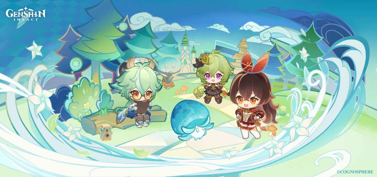 this is an illustration from the popular mobile game genshin impact. it features four chibi characters  a greenhaired girl wearing glasses and a blue dress, a greenhaired girl with a black dress, a redhaired girl with a red dress and a blueandgreen creature. they are all standing in a whimsical forest with trees, flowers and streams. the background is light blue and the illustration is drawn in a cartoon style. the art is cute and whimsical.