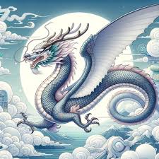 the illustration features a majestic chinese dragon in midflight against a backdrop of a full moon and a mountainous landscape shrouded in swirling clouds. the dragon, rendered in shades of blue and white, exudes an aura of power and grace. its serpentine body is adorned with intricate scales, and its sharp claws are extended as if ready to grasp the air. the creature's eyes gleam with wisdom and a hint of mischief.  the overall composition evokes a sense of awe and wonder.
