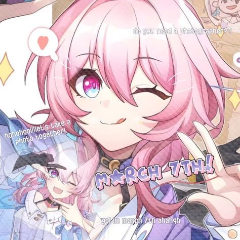 the image is a digital art portrait of yae miko from the video game genshin impact. the style is anime and the portrait is in a collage format. yae miko has pink hair and purple eyes. she is wearing a purple and white outfit. the overall tone of the image is soft and feminine.