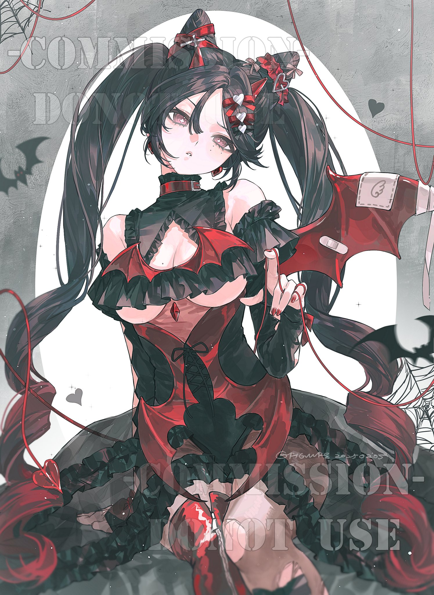 an anime girl with long black pigtails and a red and black lolitastyle dress. she has pale skin and light eyes. the dress has bat wing accents and a red gem at the center of the chest. the background includes a white circle, bat silhouettes, hearts, and a spider web. there is also text that reads "commission  do not use."