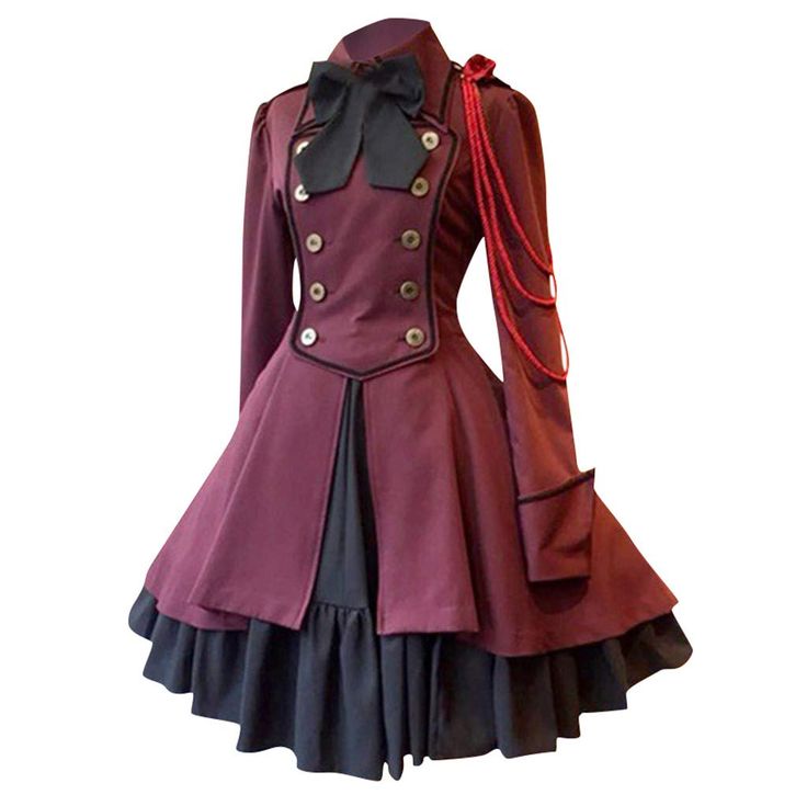 this image showcases a fulllength view of a women's burgundy and black lolita fashion dress. the dress features a doublebreasted bodice with gold buttons, a large black bow at the collar, long sleeves with red trim, and a full, tiered skirt. the dress has a distinct victorianinspired aesthetic, with elements of gothic and steampunk influences.