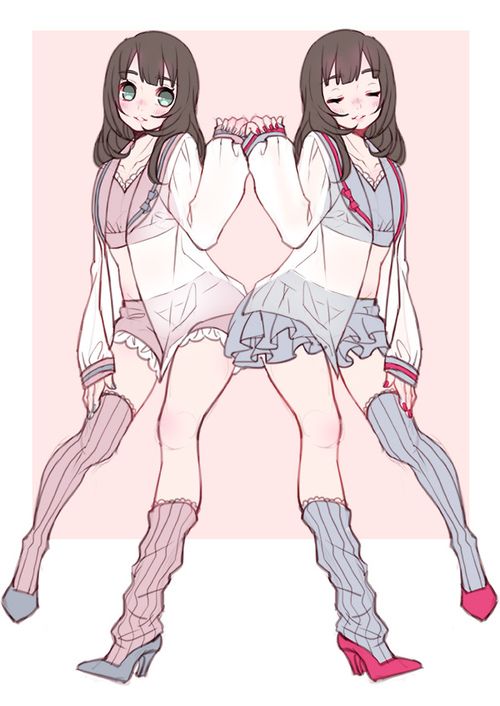 an illustration of two anime girls dressed in cute outfits and standing back to back. the girls are wearing white jackets with blue stripes and white shirts with pink or blue embellishments. they are also wearing white shorts and black stockings, with the stockings and shirts being different colours for each girl. the illustration is done in a simple style with a pink background.