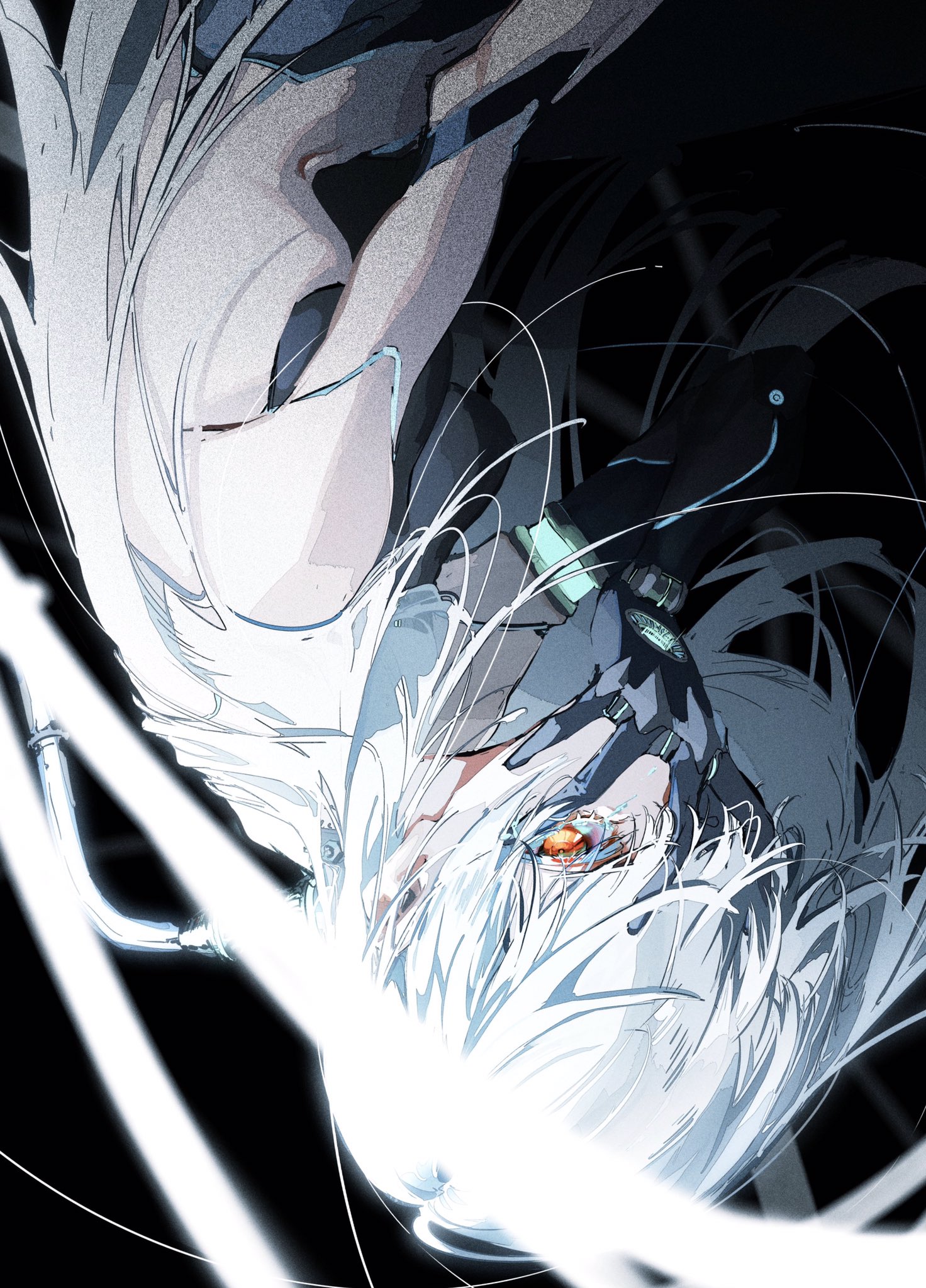 the image is a digital illustration of an anime girl with white hair and blue eyes. she is wearing a futuristic outfit, a black and grey color palette, and gloves. her hair is blowing around her, and she is in a fighting stance. the background is black with lines of white light. the image appears to be inspired by cyberpunk, with a futuristic and actionpacked style.