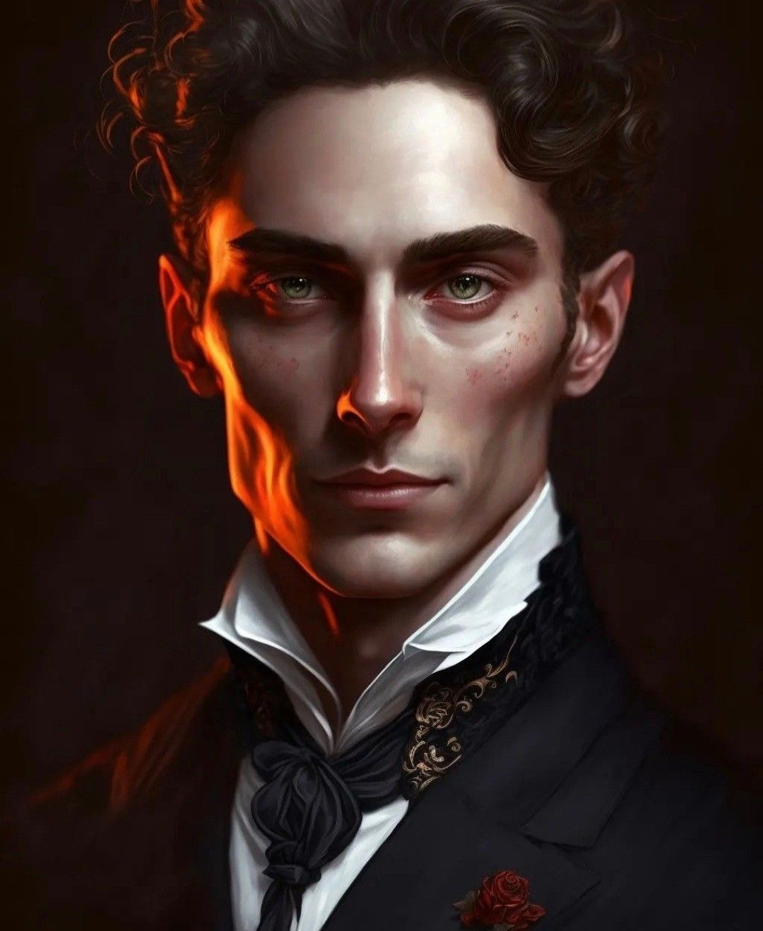 a portrait of a man with dark hair and piercing eyes, his face is illuminated by a warm light, emphasizing his sharp features. he is dressed in a black suit and white collar with a black tie, creating a striking contrast against the dark background. the composition is closeup, focusing on the man's gaze and the intricate details of his attire, suggesting a mysterious and elegant persona. the overall mood is sophisticated and alluring, hinting at a story waiting to unfold.