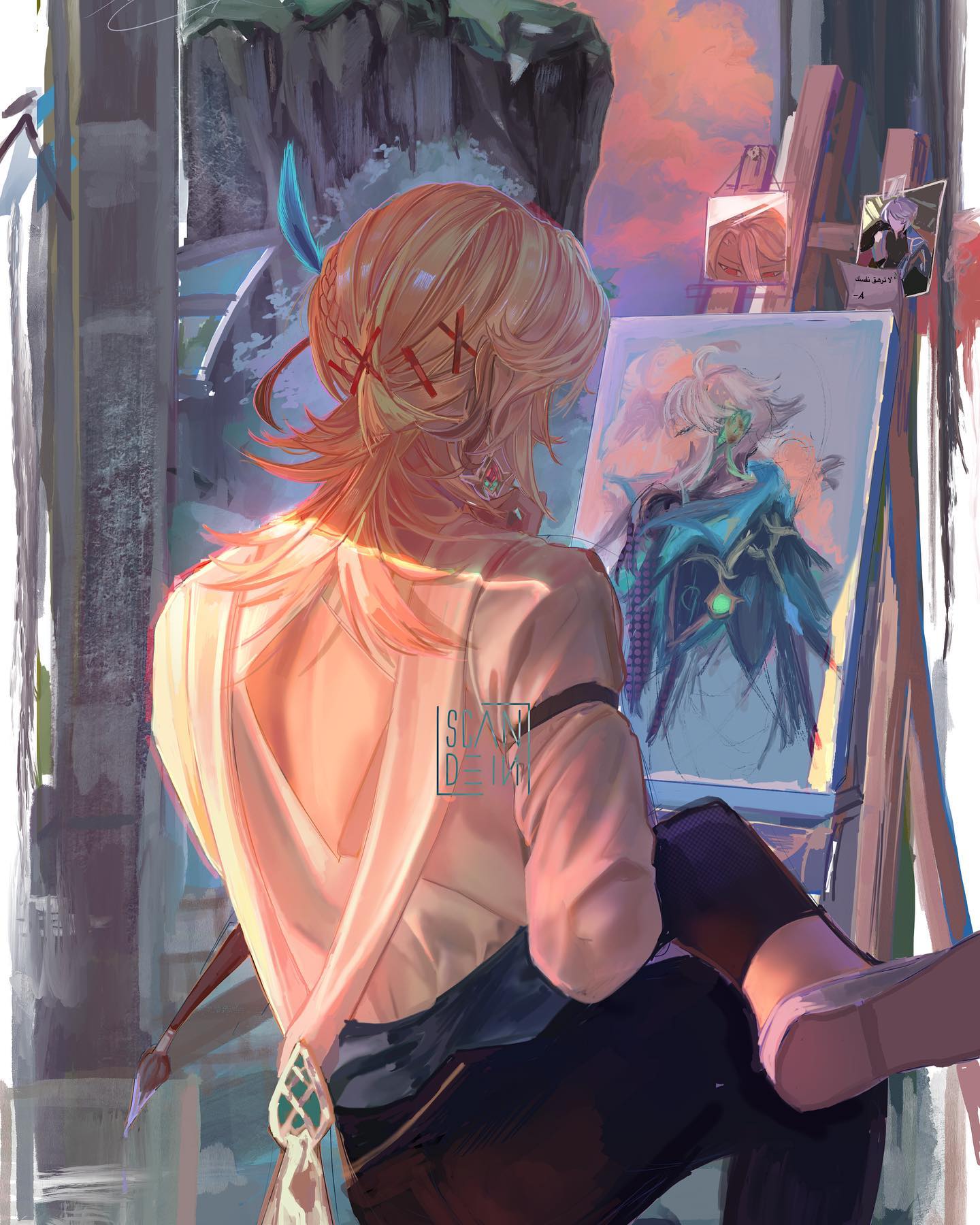 the image is a piece of digital fanart, likely inspired by the game genshin impact.  it depicts a character, possibly tighnari, from the back, seated before an easel. the character has long blond hair styled in a ponytail and is wearing a lightcolored, loosefitting shirt and dark pants. they are painting a portrait on the canvas, which appears to depict another character, possibly collei, in a more stylized and less detailed manner.  the background features a beautiful sunset over a coastal landscape with cliffs, creating a calm and peaceful atmosphere. the overall style is painterly and impressionistic, with vibrant colors and soft brushstrokes.  a small watermark is visible in the center of the image.