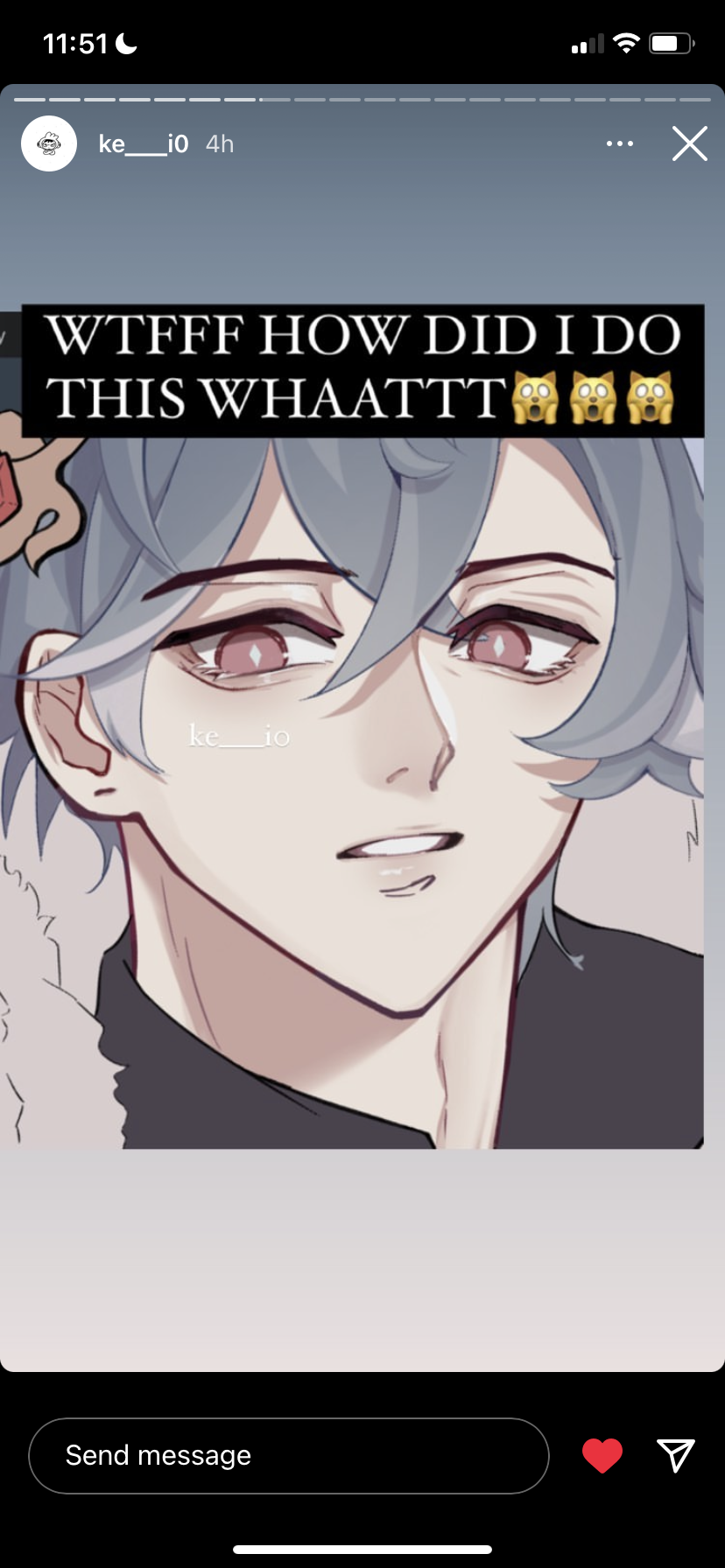the image is a digital illustration of a young man with short, messy silver hair and purple eyes. the drawing style resembles that of anime and manga. the man is wearing a black turtleneck and has a surprised expression on his face, with wide eyes and raised eyebrows. the background is white with some gray shading. the text at the top of the image reads, "wtff how did i do this whaattt," indicating the artist's surprise and disbelief at their own skill.