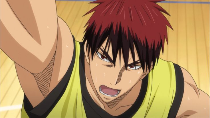 this is an anime image of a basketball player. he has red hair, a determined expression on his face, and is wearing a yellow jersey. the background is a basketball court. the player is focused on the game and ready to play.