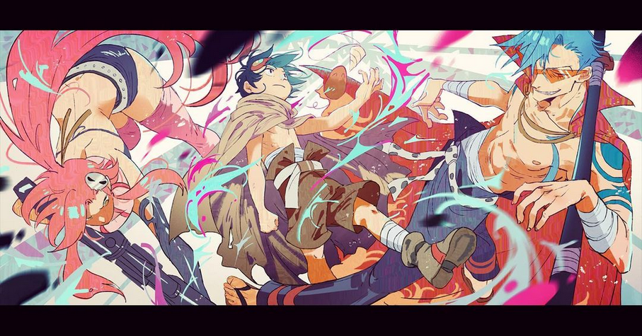 the image is a vibrant and dynamic illustration of four anime characters in a fight. in the foreground, a shirtless male character with blue hair and a sword stands with a determined expression. his opponent is a female character with pink hair, who is holding a gun and appears to be in midair. behind them are two more characters, a male character with brown hair and a female character with red hair. the scene is full of energy and motion, with swirling colors and dramatic poses that suggest a fierce battle.