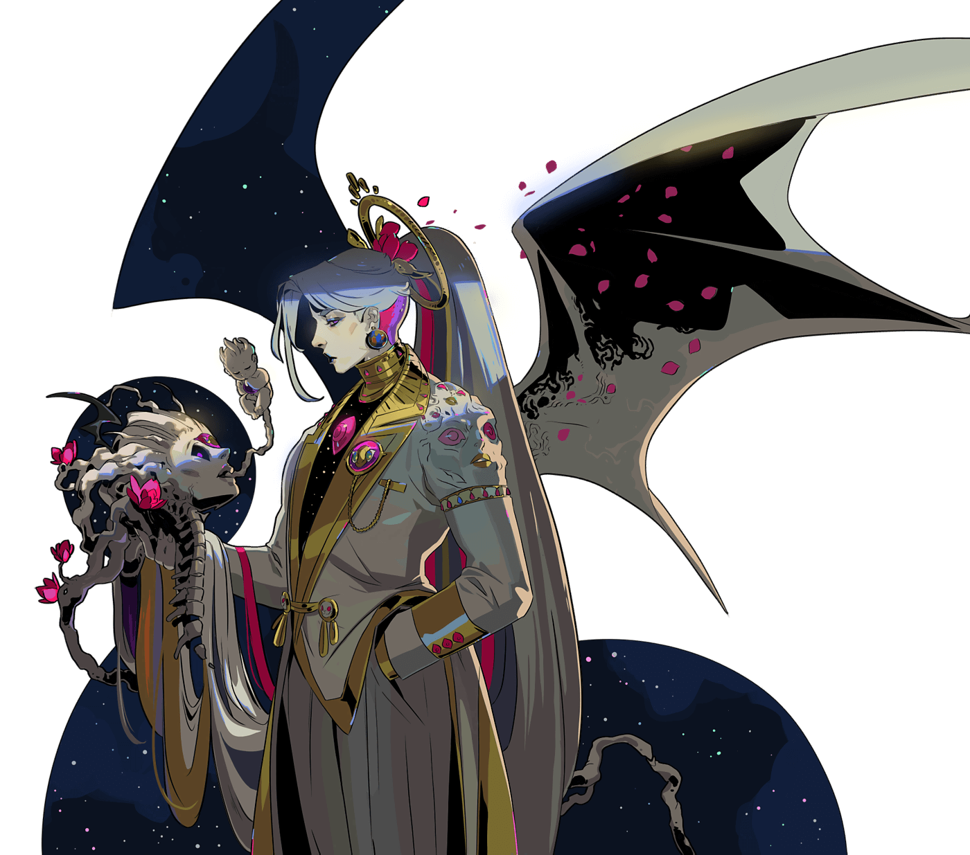 an illustration of a fantasy character with white hair, a white suit, and gold trim. they have black angel wings with pink flowers on them. they are standing in front of a galaxy background. the character appears to be a celestial being of some kind.