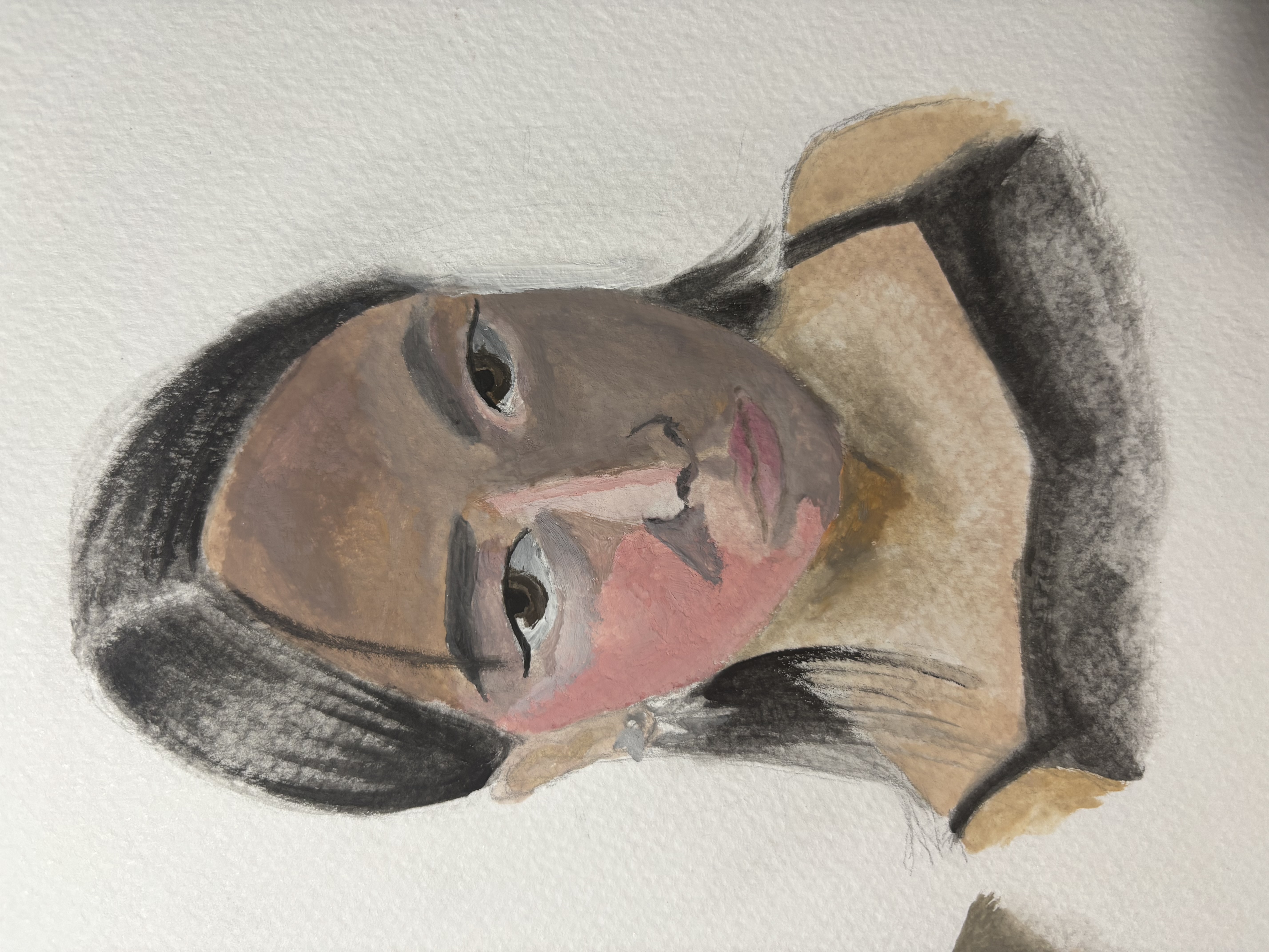 a painting of a woman with black hair wearing a black tank top. the artwork features various skin tones and blush on her face. the painting style appears to be watercolor or a similar medium.