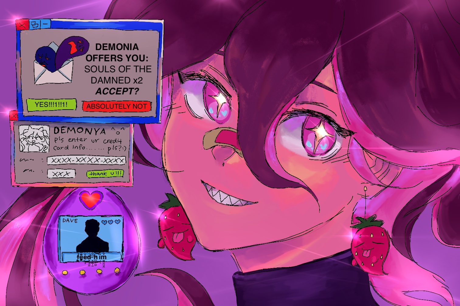 t's a digital drawing of a woman with pink and purple lighting with a mischievous expression, looking at the viewer. the drawing contains y2k web design elements.  there are three popups. the top left popup says "demonia offers you: souls of the damned x2. accept?". the other popups seem to depict a chat log, presumably with the aforementioned demon. the bottommiddle popup looks like a digital pet interface from the early 2000s.
