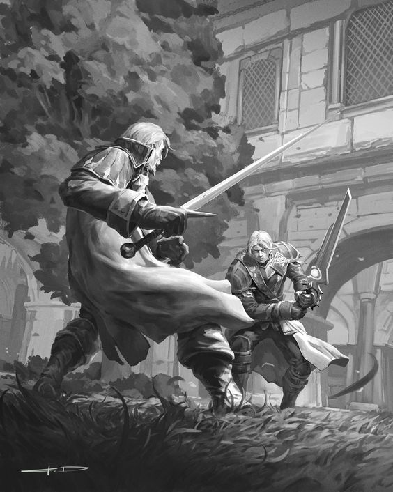 the monochrome illustration depicts two men locked in a fierce sword fight within an overgrown courtyard. the duelists, clad in long coats and armed with gleaming swords, are caught midmotion, their expressions grim and determined. the perspective is low, emphasizing the dynamism of the action and the imposing architecture of the dilapidated building that forms the backdrop. the play of light and shadow enhances the drama, casting deep pools of darkness and highlighting the combatants against the weathered stone.