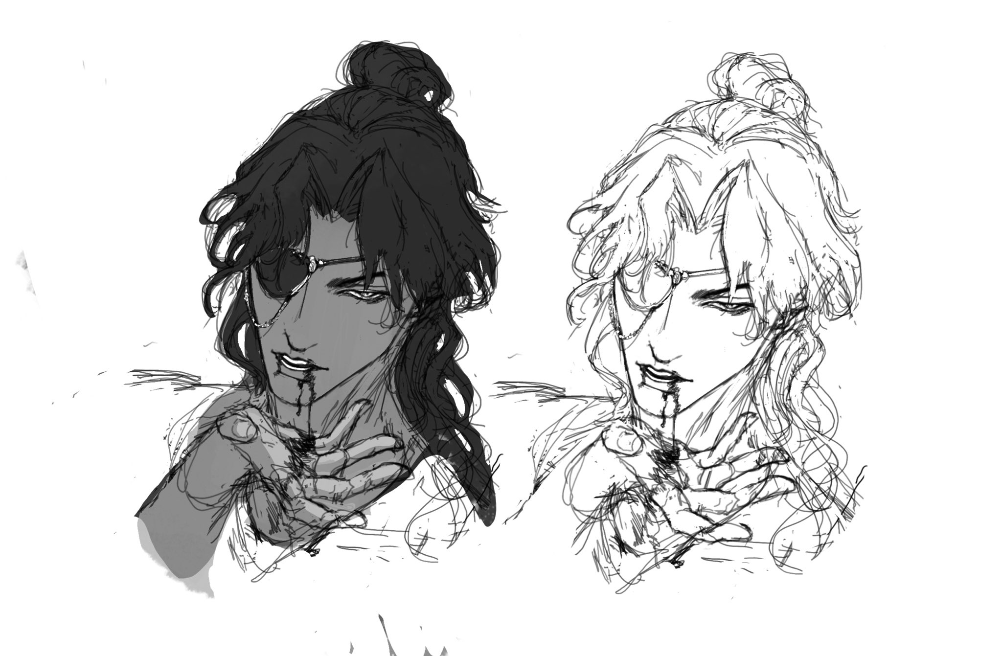 this image is a black and white sketch of two male anime characters. they are both drawn in a manga style and feature long, flowing hair tied back.  the character on the left has dark hair and a dark complexion, while the character on the right has light hair and a pale complexion. both characters are wearing eyepatches and have blood on their fingers. the characters are both looking at the viewer with serious expressions. the image is drawn in a style that is both dark and light, with the characters standing out against a white background. the image has a contrast between the two characters, with the dark character being more intense and the light character being more gentle. this image could be a part of a larger piece of artwork or a standalone piece of art.
